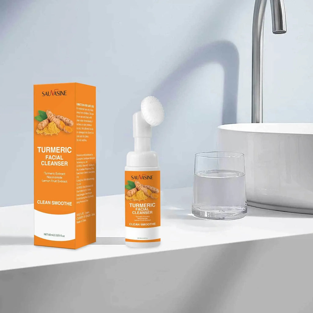 Turmeric facial cleanser 60ml bottle with yellow label and cap on white background