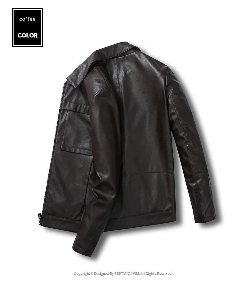 Men's slim lapel casual leather jacket in black, artificial leather, spring autumn outerwear