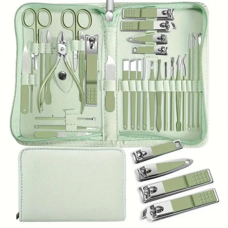30-piece stainless steel manicure and pedicure tool set displayed in pink, blue, rose gold, black, and green colour options.