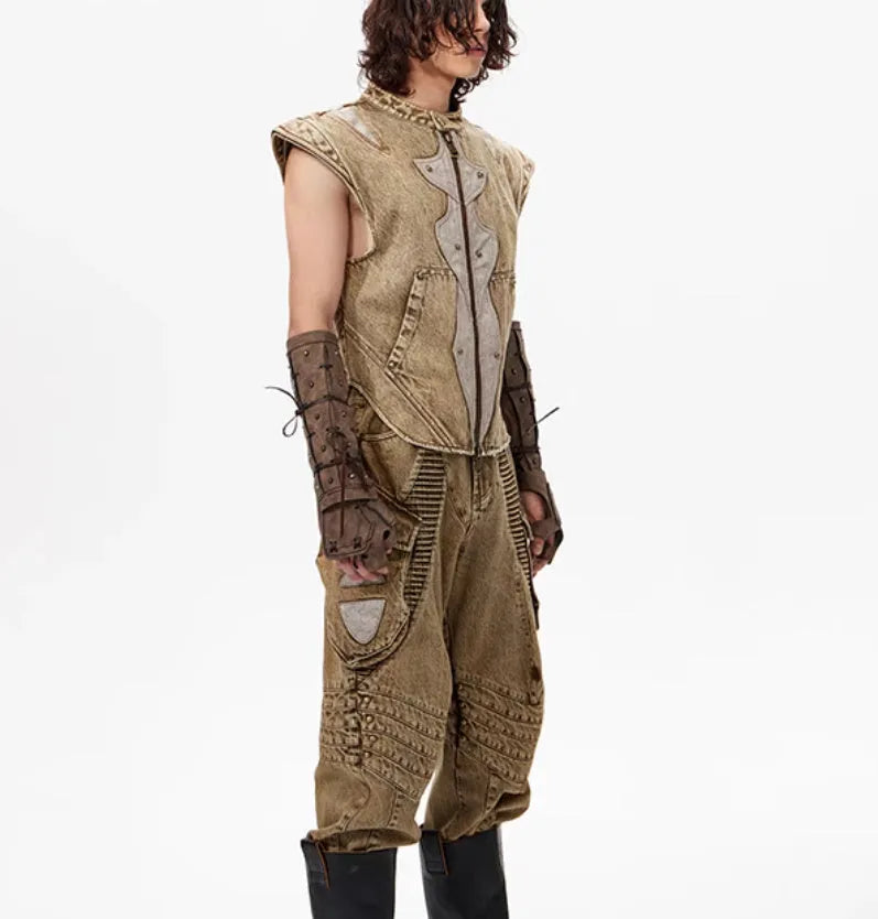 Men's denim pleated waistcot in cotton fabric with Korean style cut, shown in available colour