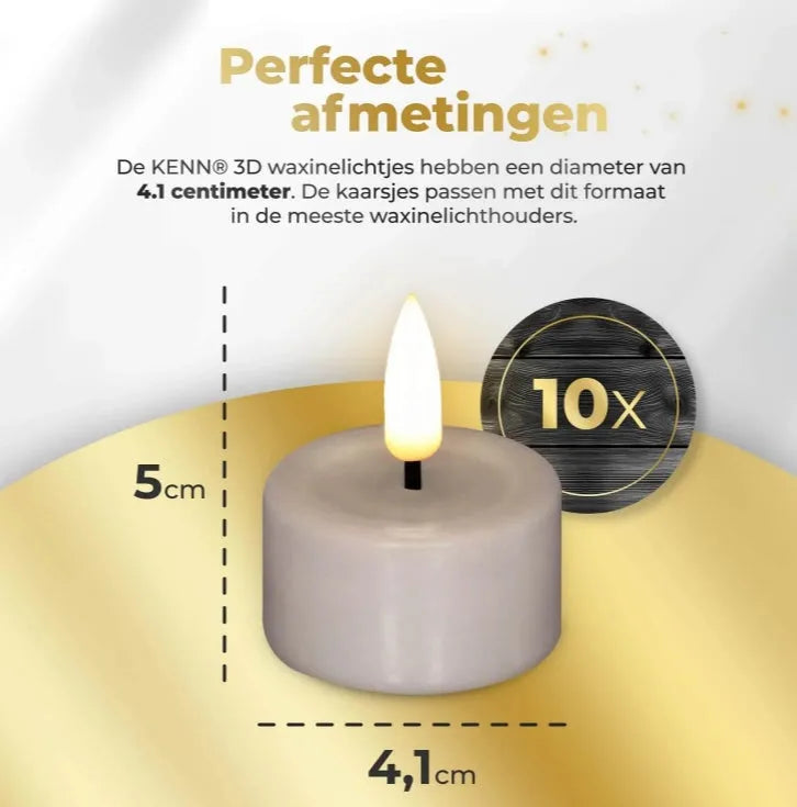 Taupe-coloured LED tealight candles with 3D flame effect, showing dimensions of 4.1cm diameter by 5cm height