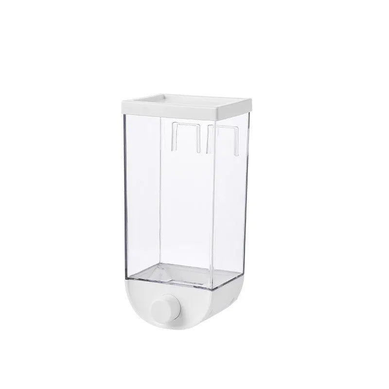 White wall-mounted transparent kitchen storage container with cereal dispenser lid