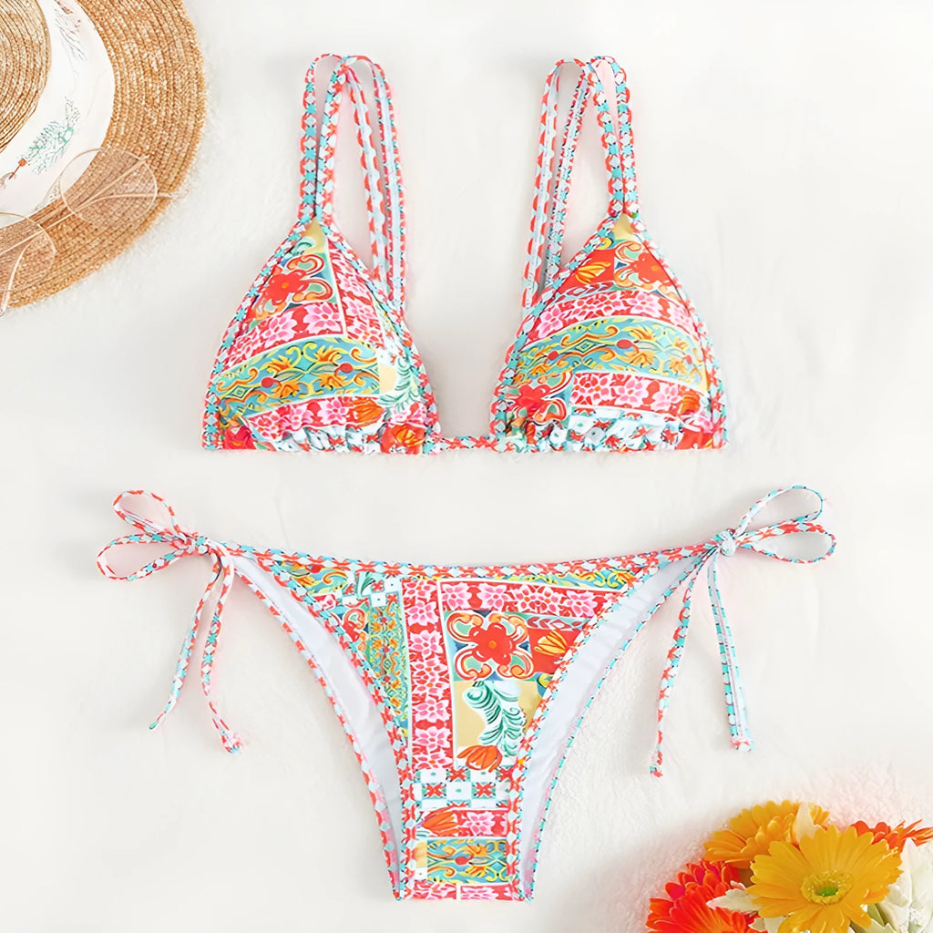 Women's lace-up front swimsuit bikini set with high-cut split-side briefs in picture colour.