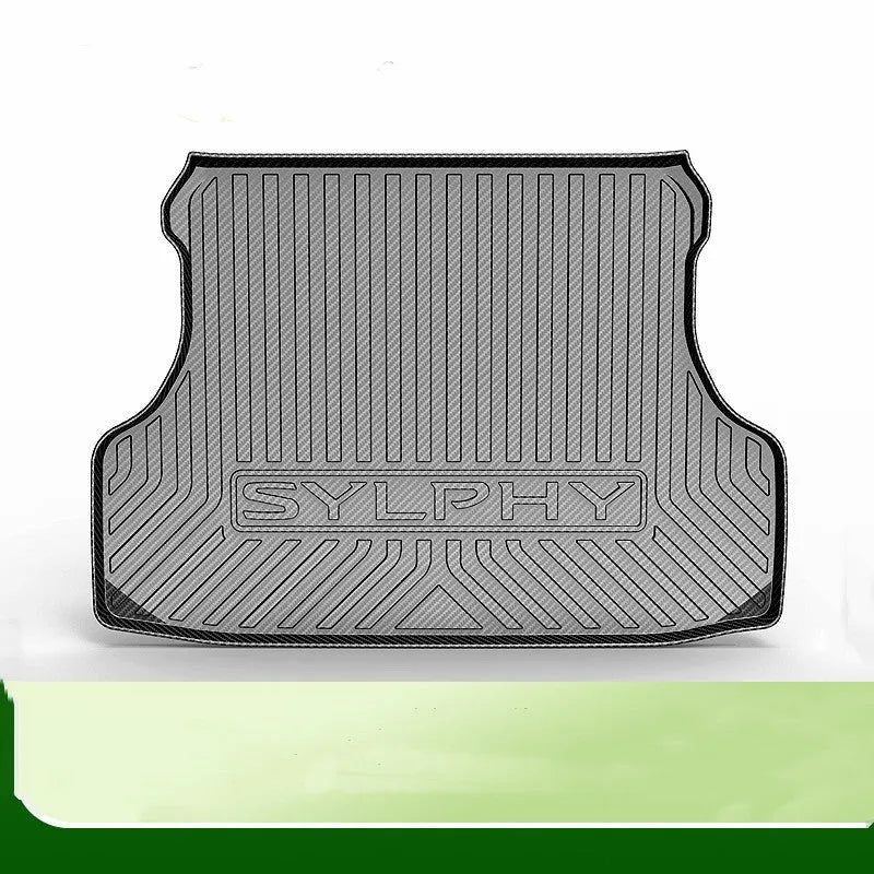 Black carbon fibre pattern TPE boot liner mat for car tailbox protection.