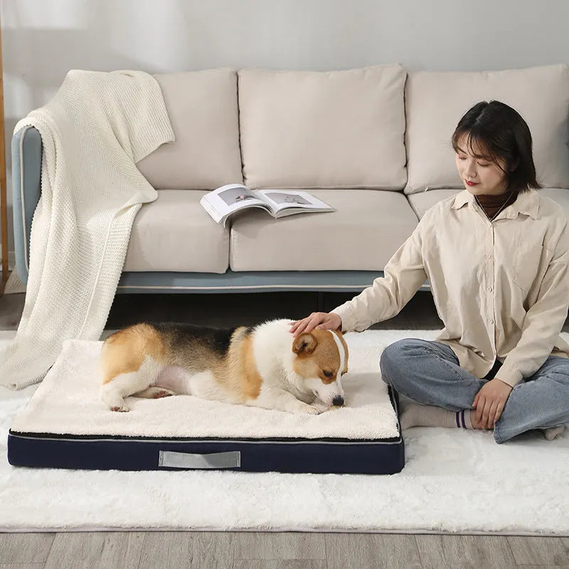 Brown memory foam dog mat with removable Shu cotton velvet cover showing 10cm thickness