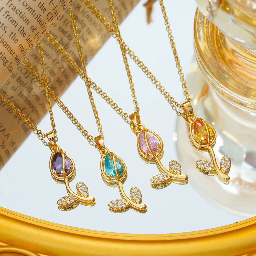 Women's adjustable zircon tulip necklace with copper-plated gold pendant on titanium steel chain.