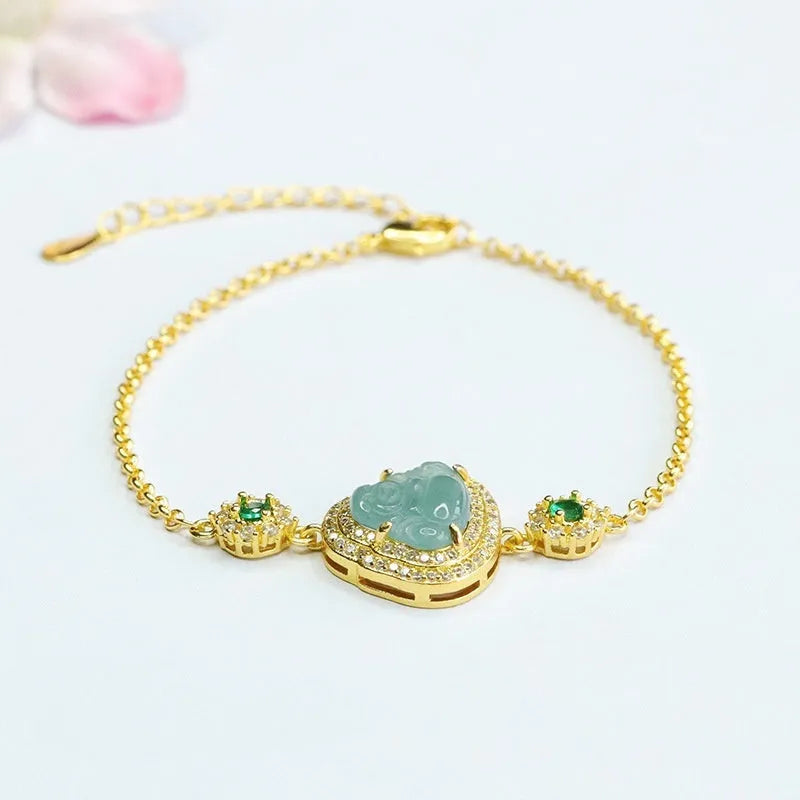 Emerald blue water Maitreya Buddha jade bracelet for women, showing inlaid pendant detail.