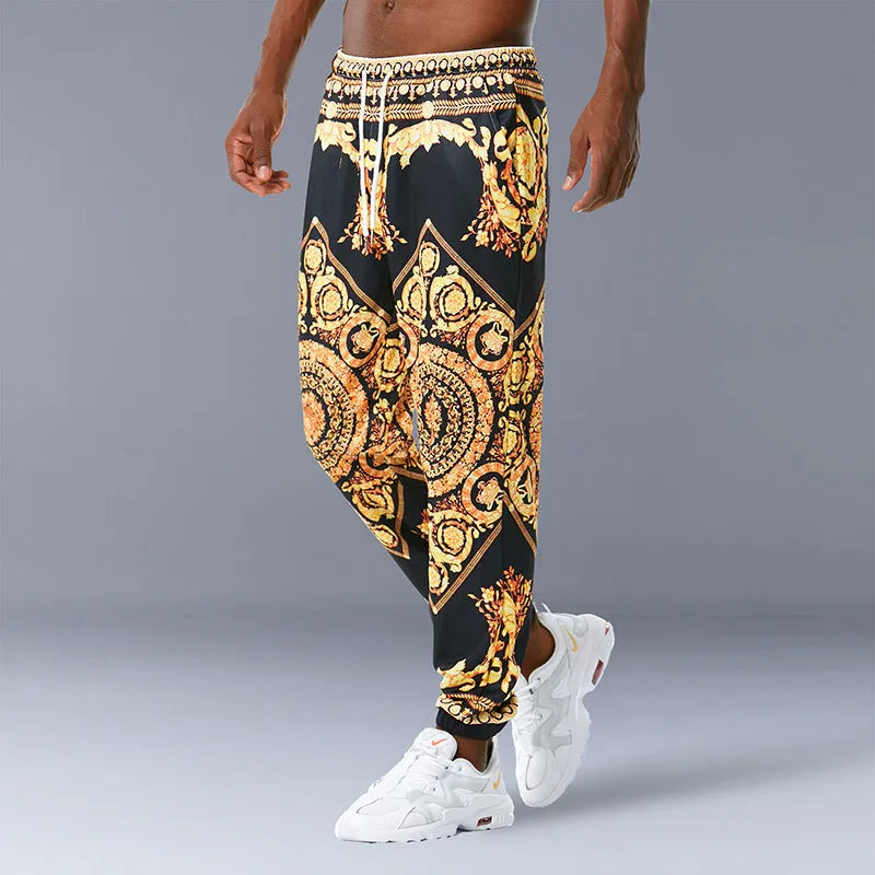 Printed jogging pants for young people, loose fit, polyester blend, mid waist with belt, digital print, ribbed hem