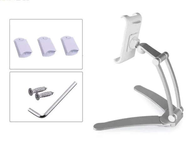 Silver and black aluminium alloy desktop tablet stand with adjustable arm and dual clamps.