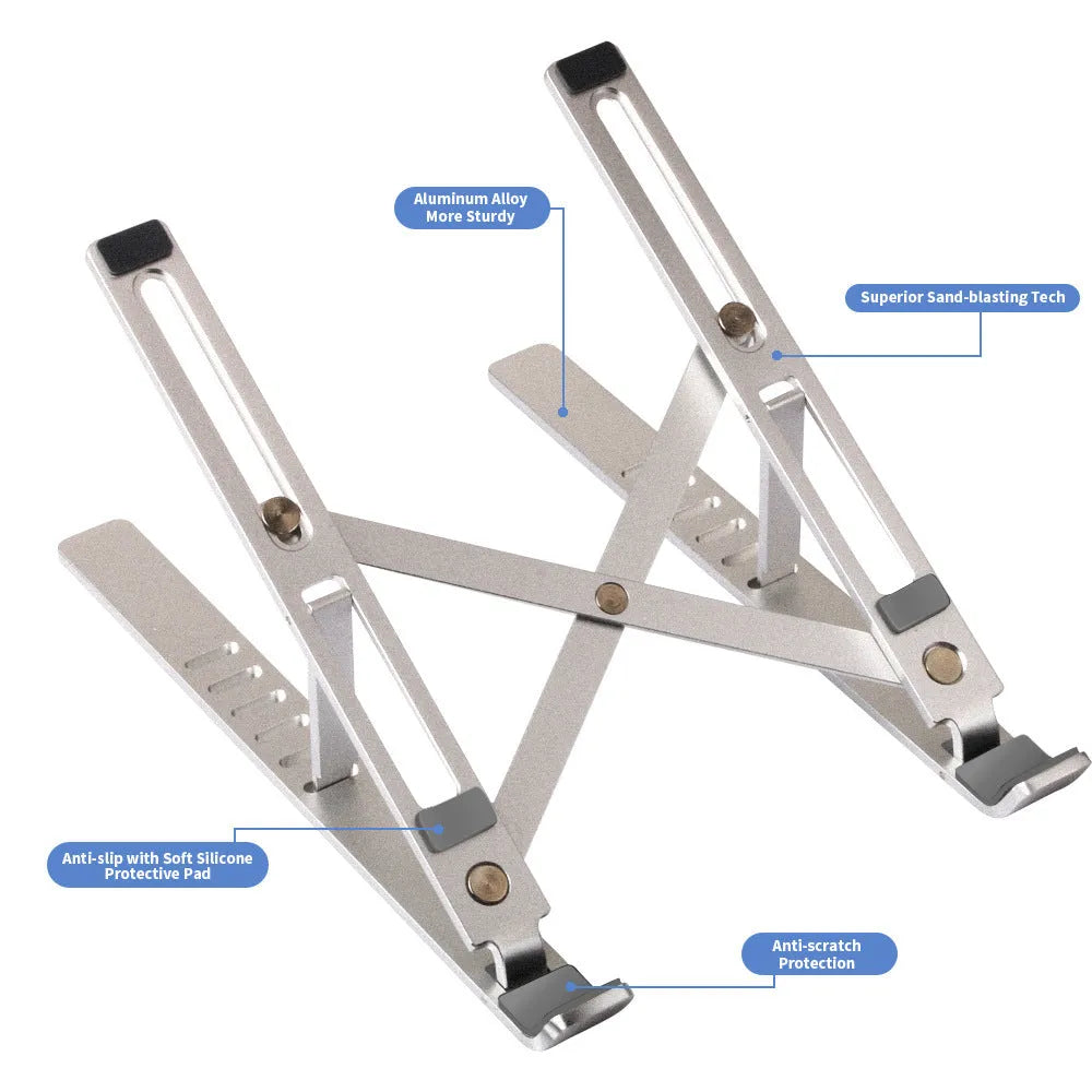 Aluminium alloy laptop stand with six height adjustment gears in black colour option