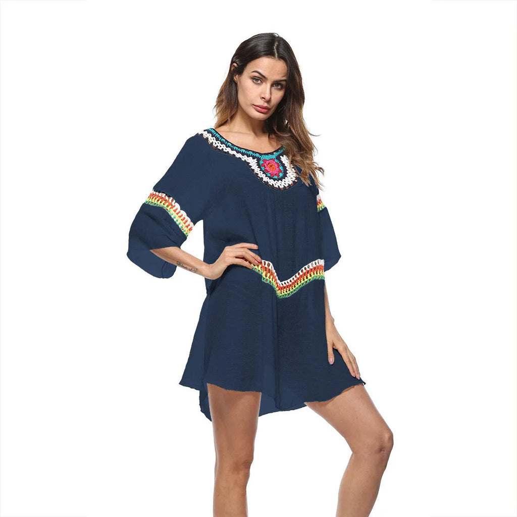 Women's crocheted ethnic style sun protection beach cover-up in acrylic fabric