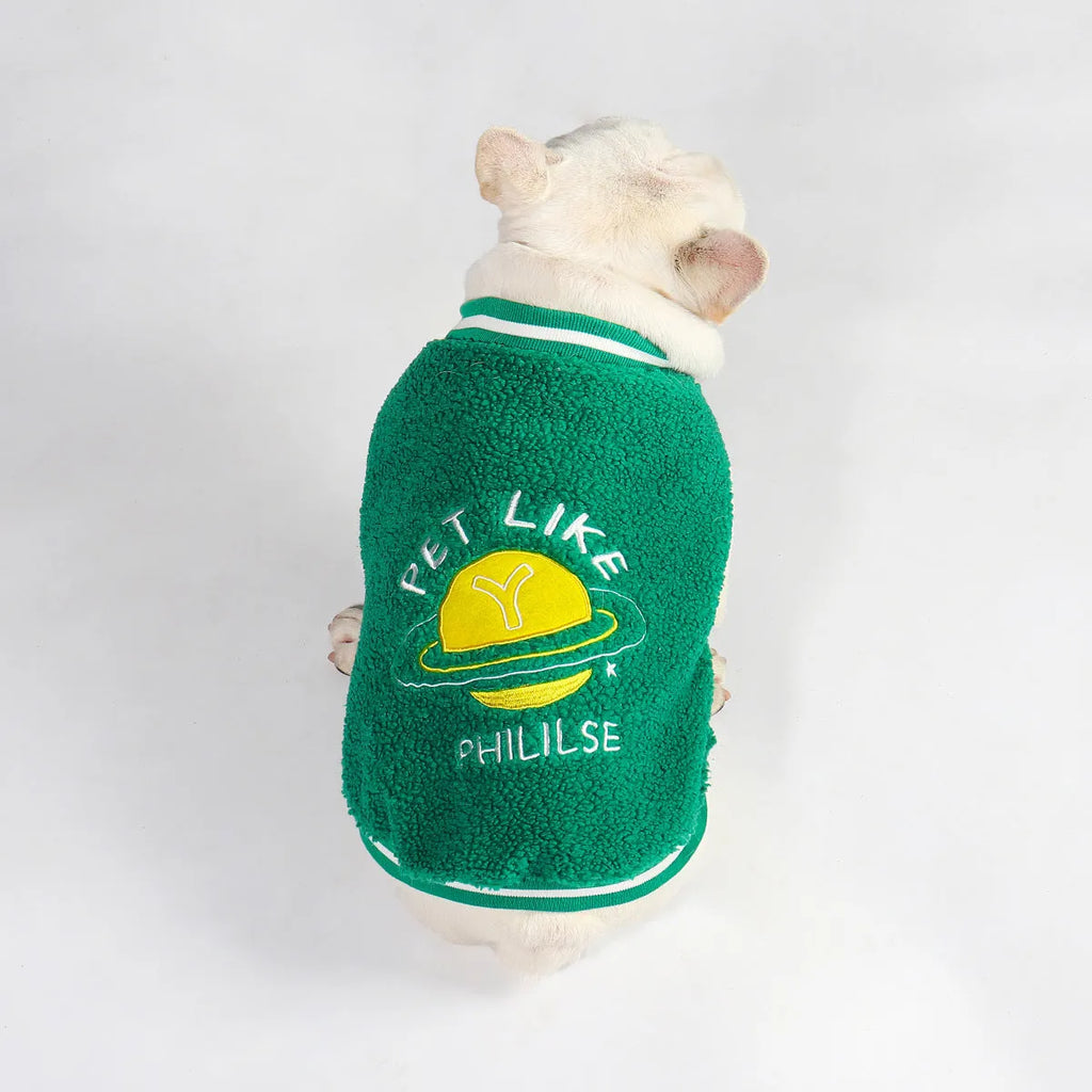 Green fleece-lined dog coat for winter with cotton exterior and multiple size options