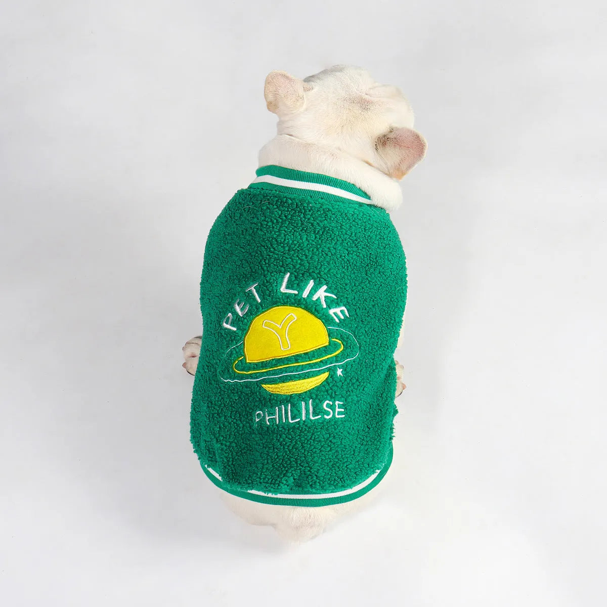 Green fleece-lined dog coat for winter with cotton exterior and multiple size options
