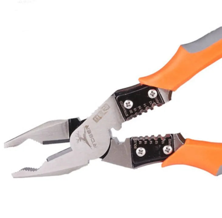 Orange multi-function wire cutter pliers with PVC handles and alloy steel jaws.