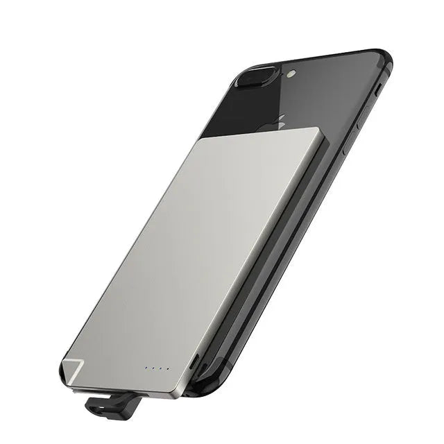 Silver aluminium graphene power bank showing slim 4mm profile with charging ports