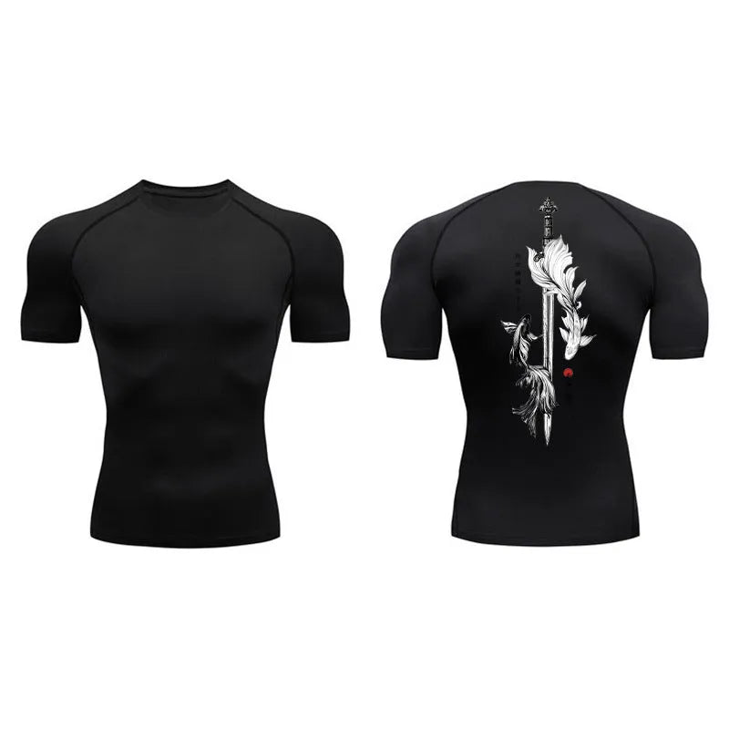 Men's short sleeve compression shirt with a sword print design on the chest.