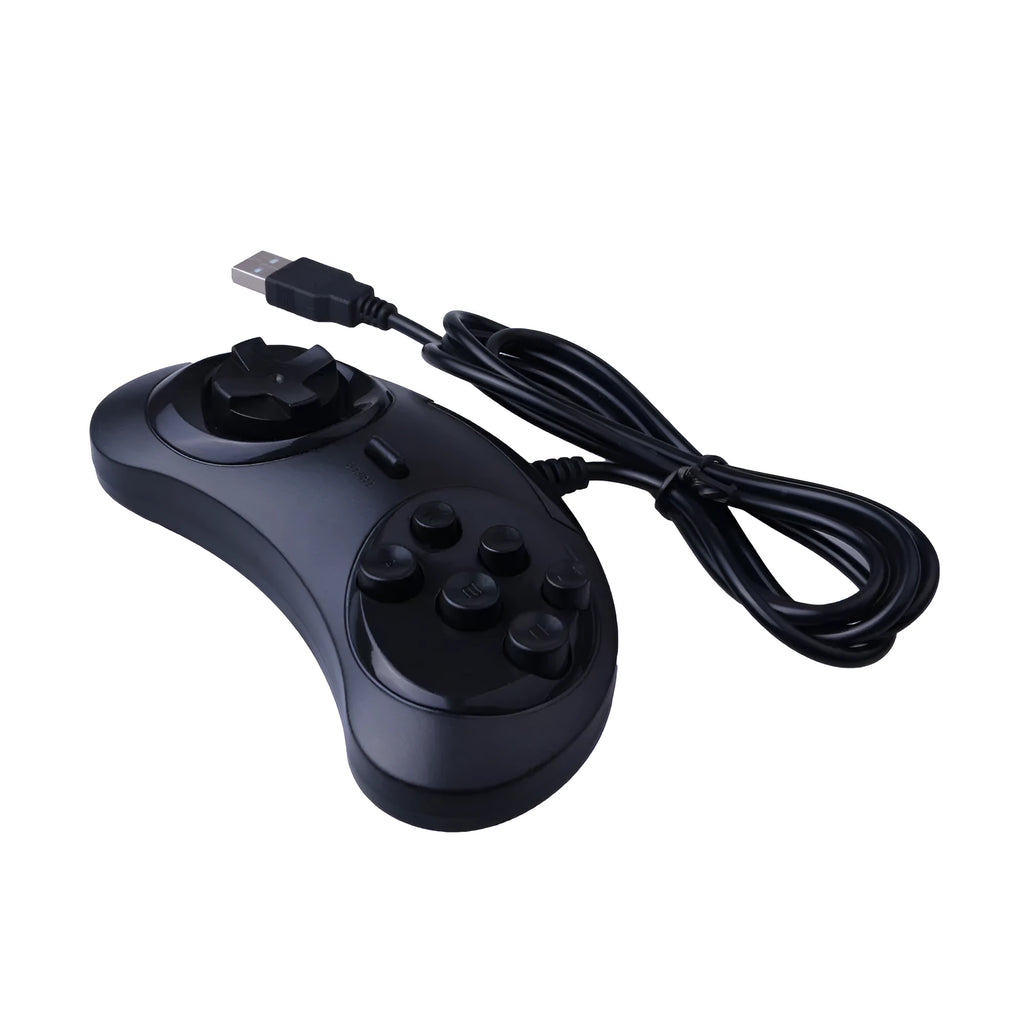 Black Sega USB wired PC gaming controller with 1.8 metre cable on a desk.