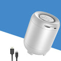 Black and white Bluetooth speaker with AI voice control and bass enhancement features