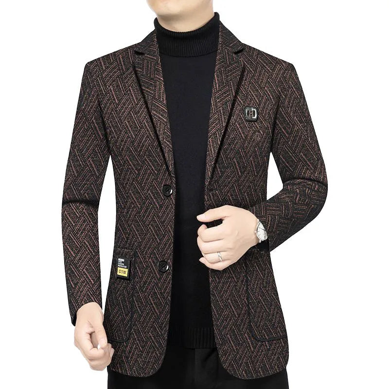 Men's plaid casual suit jacket in 816 Red Coffee, regular length, non-ironing polyester blend