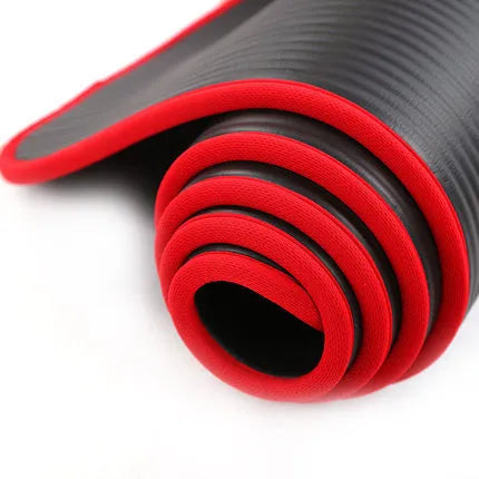 Female universal sports yoga mat in black, 10mm thick NBR foam, 183x61cm, with tied rope net bag