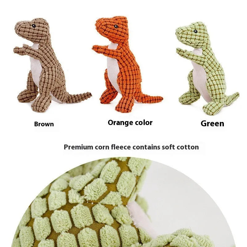 Green dinosaur plush dog toy with squeaker, soft fabric, 20 cm length