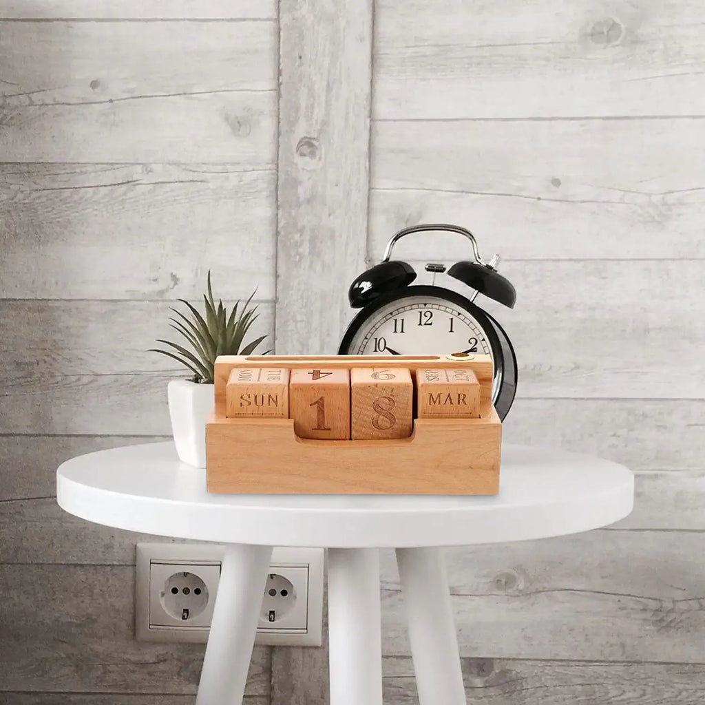 Solid wood perpetual desk calendar in simple modern style showing two size options