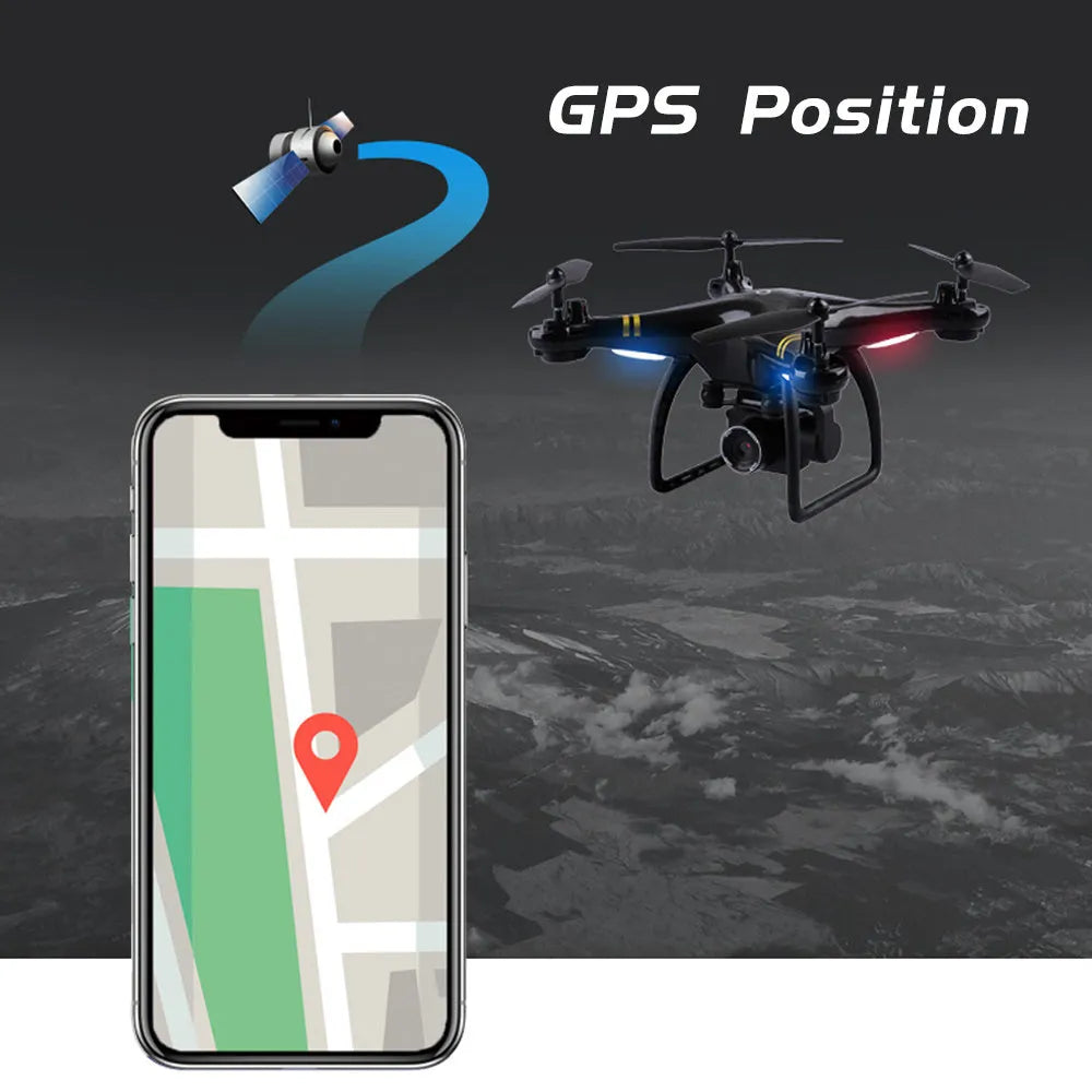 Black 5G GPS quadcopter drone with HD camera and fence guards on a flat surface
