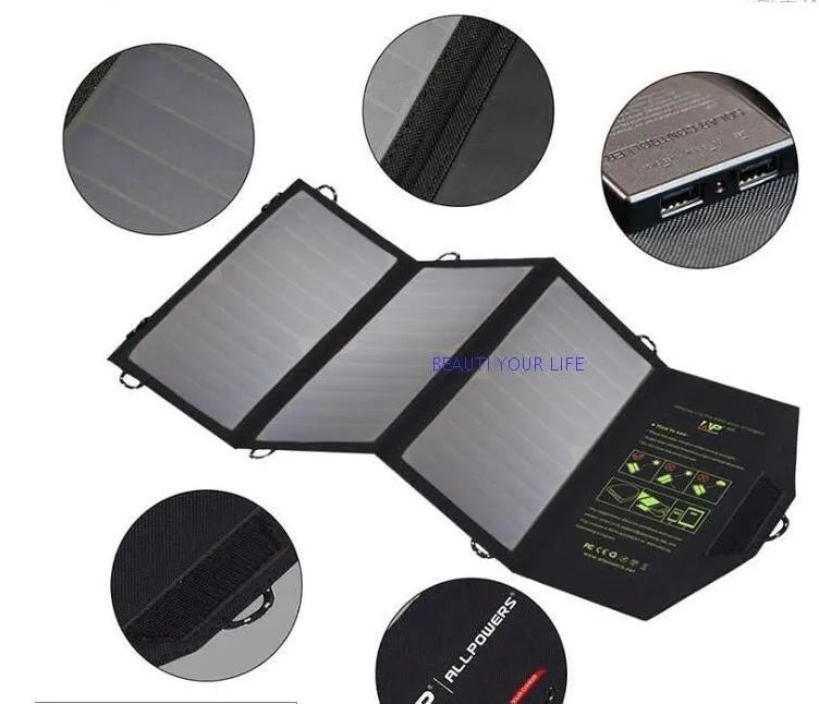 Black foldable solar panel charger with dual USB ports, shown attached to a backpack.