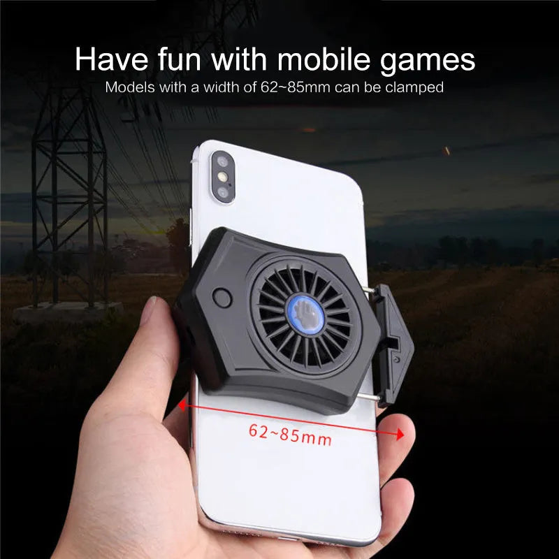 Black and white mobile phone radiator with USB interface and cooling fan for gaming smartphones