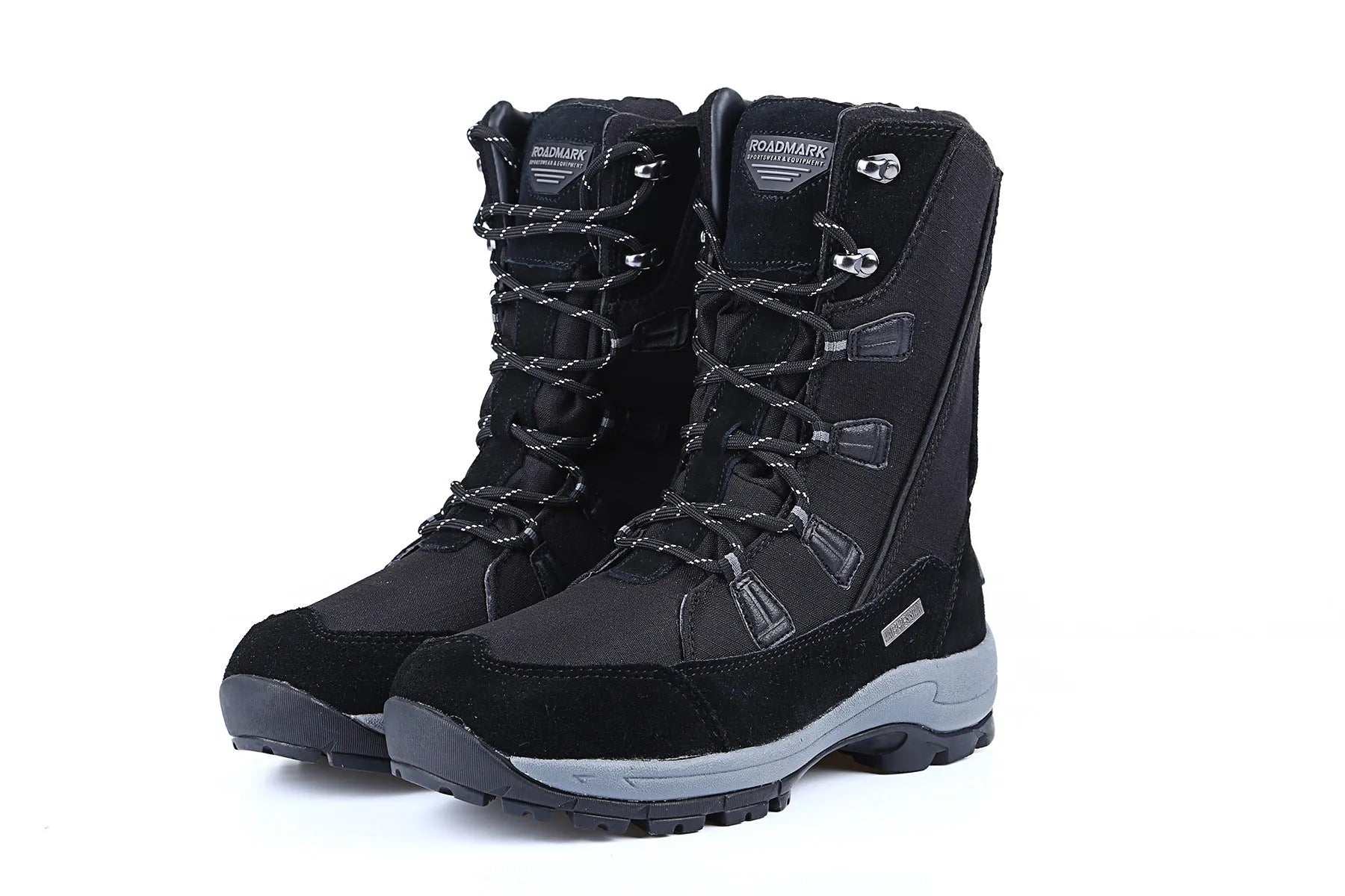 Women's white genuine leather mid-calf snow boots with a round toe and rubber sole on a plain background.