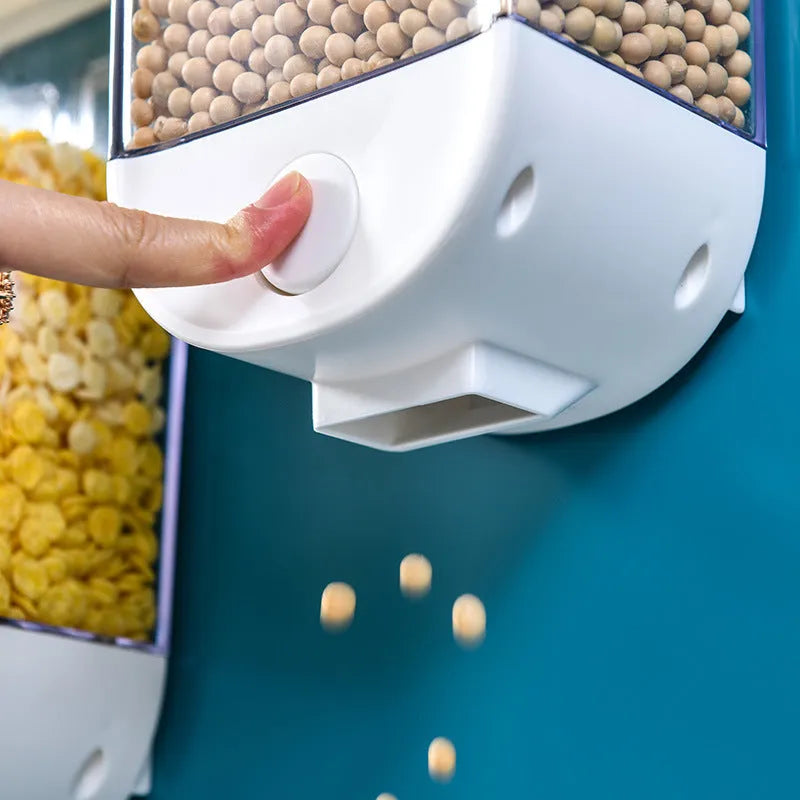 White wall-mounted transparent kitchen storage container with cereal dispenser lid