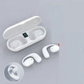 Black bilateral stereo Bluetooth earplug headphones with charging case showing NFC and voice control functions
