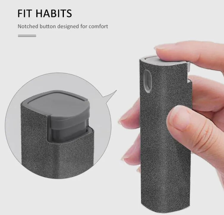 2-in-1 screen cleaner kit with spray bottle and microfiber cloth in pink and grey for phone and computer screens