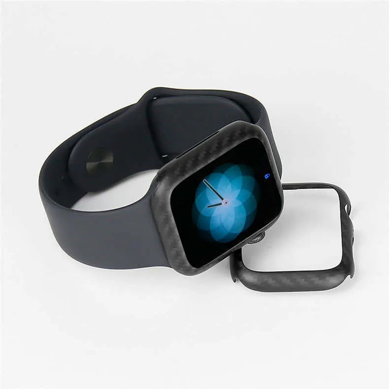Carbon fibre and leather half-wrap protective case for 44mm Apple Watch Series 4 in black.