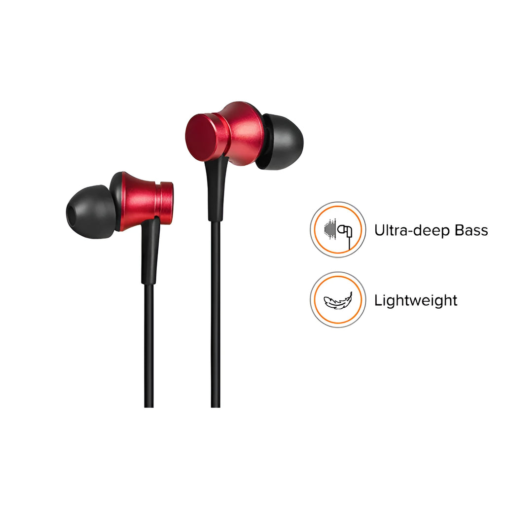 Piston wired in-ear headphones with 3.5mm plug in black, blue, and red colour options