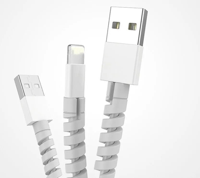 Plastic charging cable protector in various colours, shown next to a USB cable.