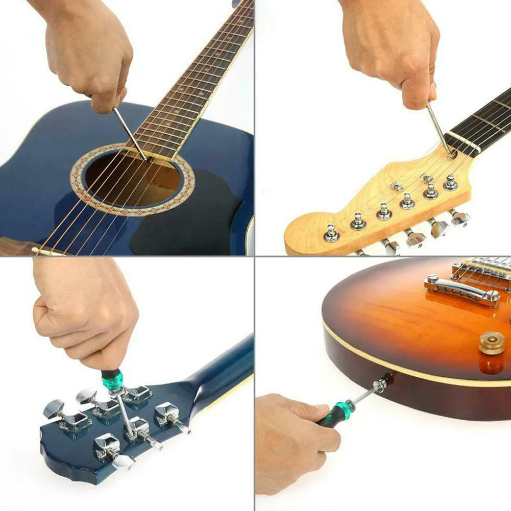 Black plastic and metal guitar repair tool kit for guitars, basses, mandolins, and banjos.