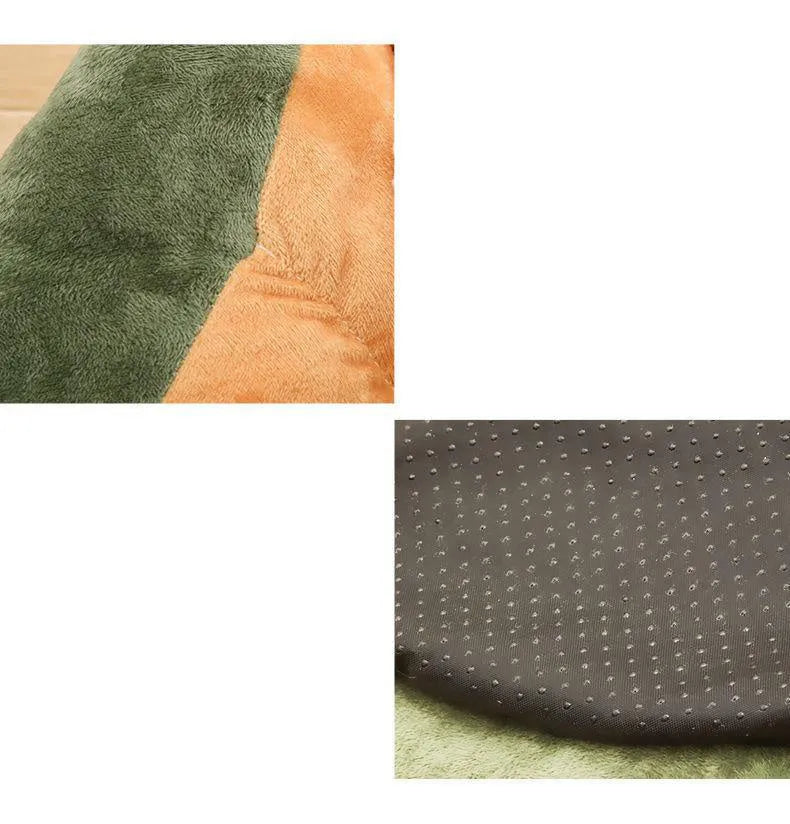 Oval pet bed with cotton cover and raised sides in coffee colour, shown with small cat