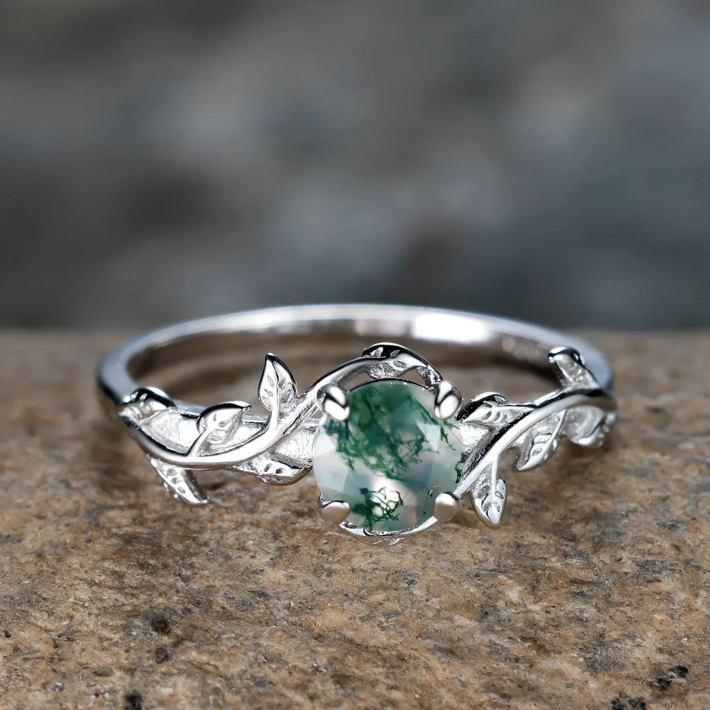 Women's copper ring with moss agate and aquamarine stones in a flower shape, electroplated finish, size option shown