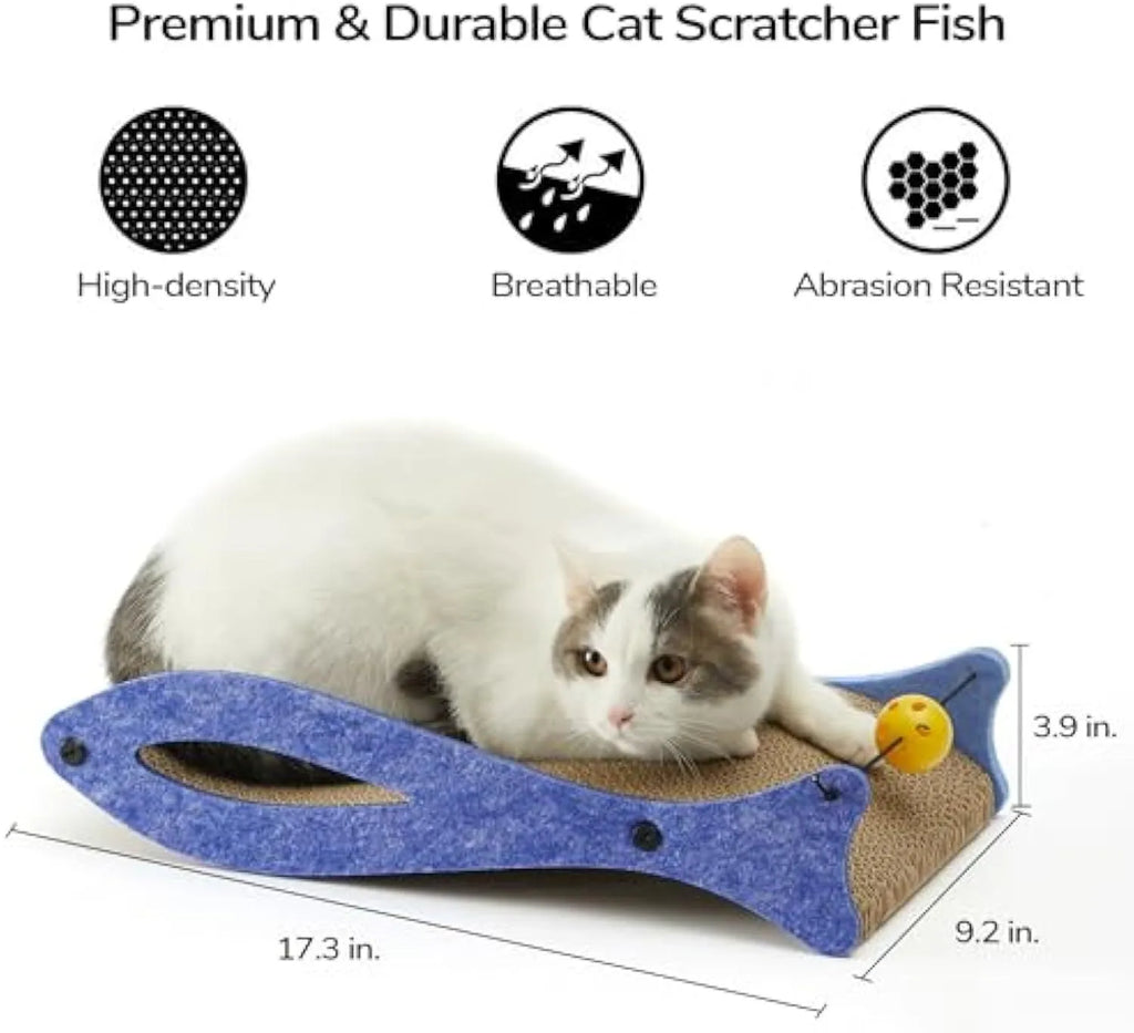 Blue fish-shaped cardboard cat scratcher lounger with a dangling bell toy for indoor cats.