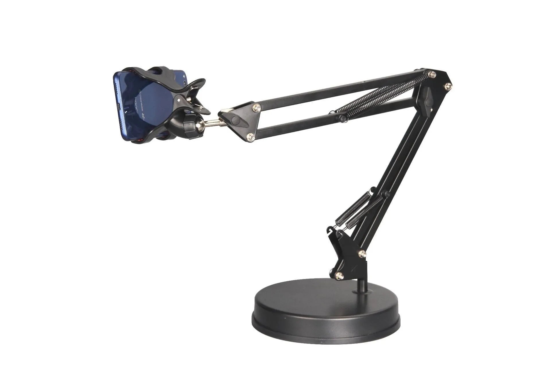 Black universal phone stand with long rotating arms holding tablet on metal base