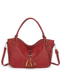 Women's retro PU leather bucket shoulder messenger bag in brown with small bag, placed on a neutral surface showing front view and strap.