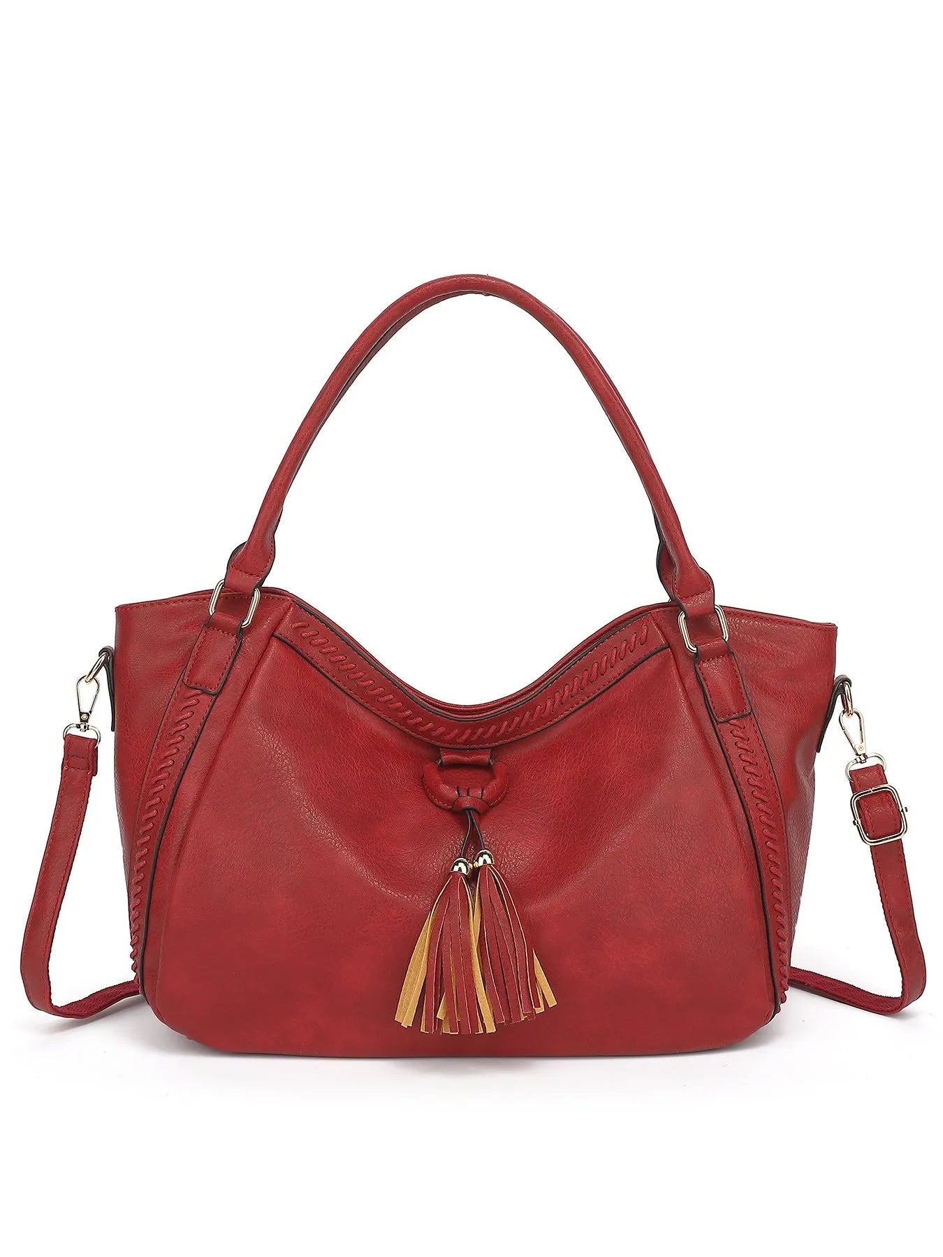Women's retro PU leather bucket shoulder messenger bag in brown with small bag, placed on a neutral surface showing front view and strap.