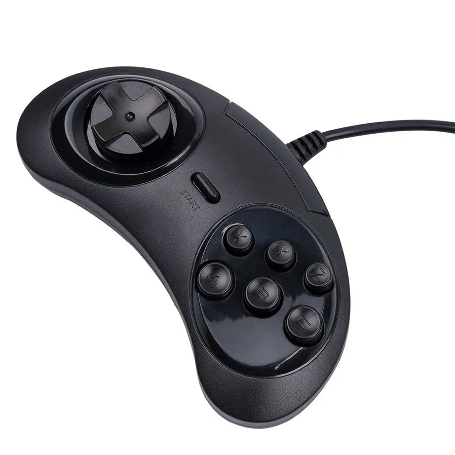 Black Sega USB wired PC gaming controller with 1.8 metre cable on a desk.