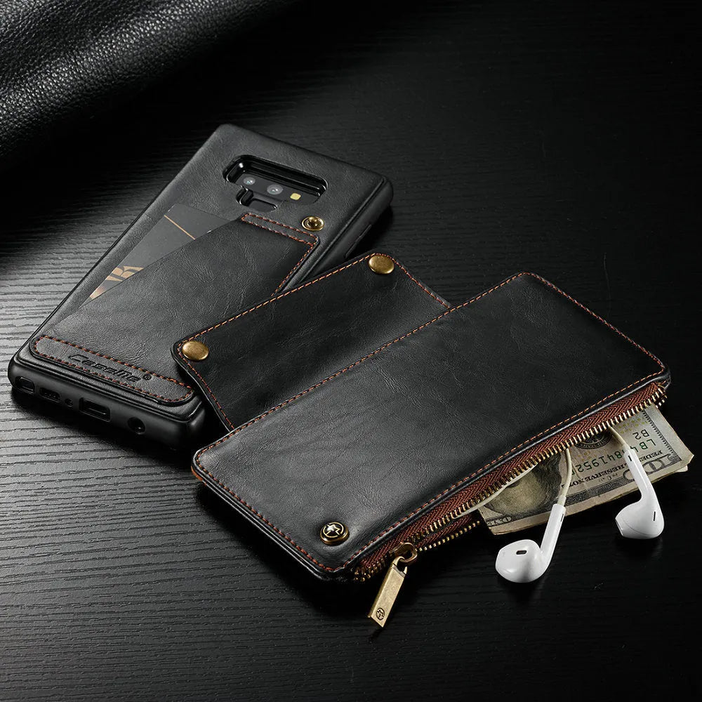 Black leather flip phone case for Samsung Galaxy Note9 showing front and back views