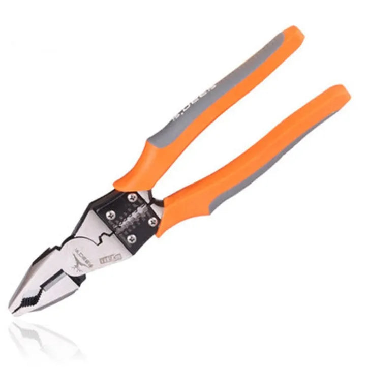 Orange multi-function wire cutter pliers with PVC handles and alloy steel jaws.