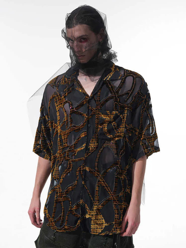 Men's black and grey snake pattern short-sleeve shirt with translucent fabric and lapel collar