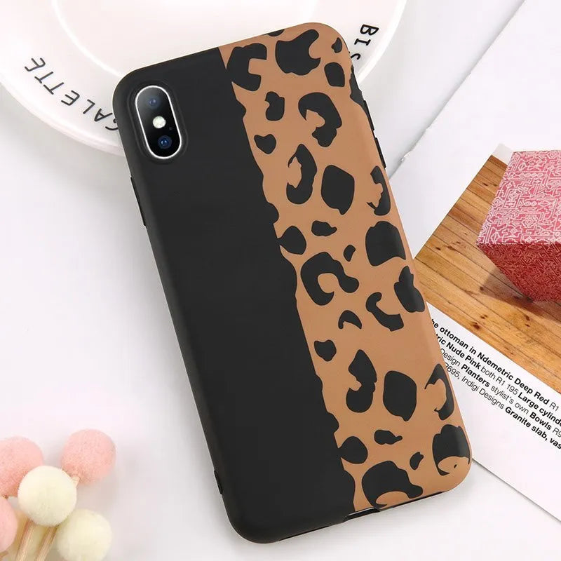 Leopard print iPhone case in black, blue, and pink colours for multiple iPhone models.