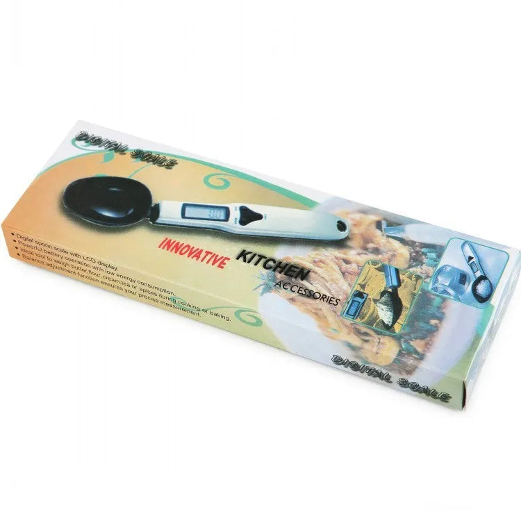 Smart digital measuring spoon with LCD display showing weight, used as a kitchen scale for food ingredients.