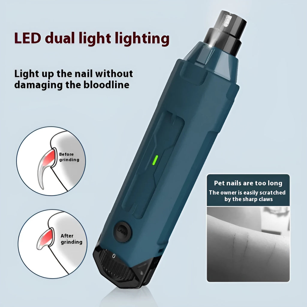 Dark blue USB-powered pet nail grinder with LED light and 6-speed rotary control knob
